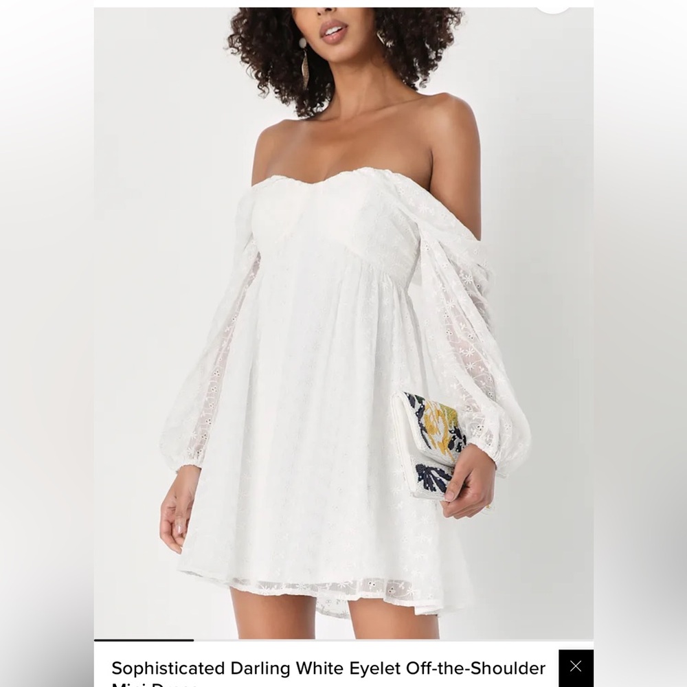 Lulus Sophisticated Darling White Eyelet Off the Shoulder Mini Dress Women’s L